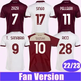 22 23 Torino FC Zaza Mens 축구 유니폼 Ricci Zima T. Sanabria Lukic Pellegri Singo Seck Home Away 3rd 한정판 축구 셔츠