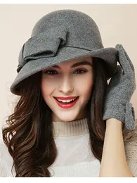 Wide Brim Hats Bucket Hats Women Party Formal Headwear Lady Winter Fashion Asymmetric Bowknot 100% Wool Felt Hats 230317