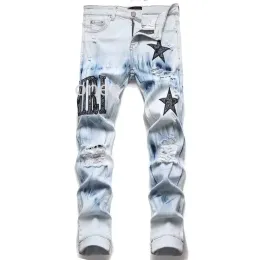 Men's Jeans European Denim Embroidery Star Stitching Tear Motorcycle Pants Fashion Street Trend Style Straight Leg Jeans