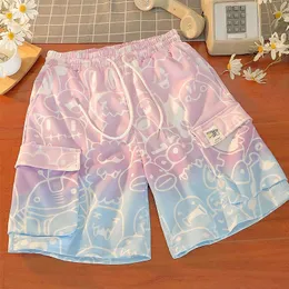 Men's Shorts Summer Gradient Cartoon Print Shorts Men High Waist Shorts Cute Harajuku Wide Leg Elastic Boys Casual Purple Shorts Sweatpants G230316
