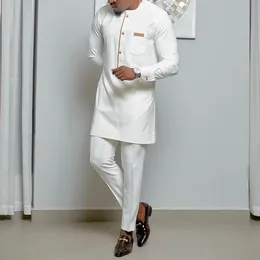 Herrespår Vita kaftan 2 -stycken Set Suit Button Crew Neck Fickets Långärmad topp och byxor Bröllop Etnisk stilutrustningskläder 230317