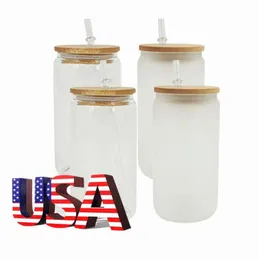 USA CA warehouse ship in 12H DIY 16oz Mugs Sublimation Glass Beer Mug with Bamboo Lid Straw Blank Frosted Clear Jar Tumbler Mugs Fast Fedex GG0905