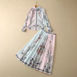 2023 Summer Paisley Print Two Piece Dress Set Pink Long Sleeve Lapel Neck Beaded Blue High midje Lång kjoldräkter Set S3F130209