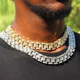Correntes Hip Hop Iced Out Gold Silver Color Cuban Link Chain Colares para Homens Luxo Shine Watch Band Jóias