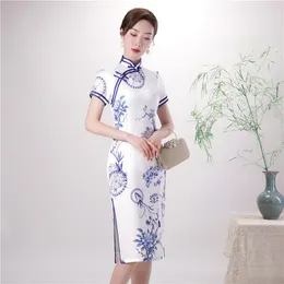 Roupas étnicas senhora slim slim tamanho 4xl estilo de festa chinesa vestido de baile cetim colarinho curto qipao impressão sexy flor cheongsam vestidos