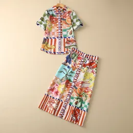 2023 Summer Fruit Food Print Two Piece Dress Set Kort ärm Lapel Neck Single-Breasted Blus Long Kjol Duits Set S3F130209