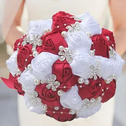 Bröllopsblommor Wifelai-A Black Ivory Silk Artificial Flower Bridal Bouquets Crystal Pearls Bridesmaid Color Välj W224