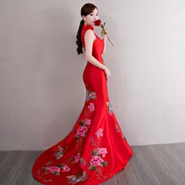 민족 의류 Long Cheongsam 중국 스타일 웨딩 레드 레트로 슬림 파티 이브닝 ​​드레스 결혼식 가운 Qipao 패션 레이디 옷