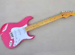 Guitarra elétrica rosa com bordo de bordo amarelo captadores SSS personalizáveis