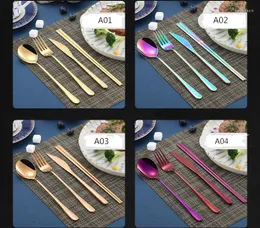 Dinnerware Sets Korean Flatware Stainless Steel Long Handle Knife Fork Spoon Chopsticks Set Colorful For Wedding SN1966