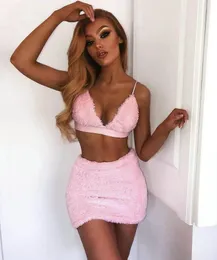 Work Dresses Sexy Women Set Furry 2Pieces Deep V Sling Bra High Waist Mini Skirt Summer Lady Clubwear Solid Outfits Streetwear 4colors