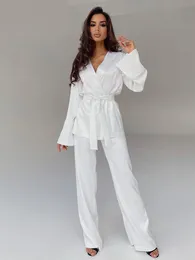 Pigiama da donna in tinta unita pigiama per donna Set di accappatoi maniche lunghe Abbigliamento per la casa Pantaloni Tute Camicie da notte in raso Primavera Loungewear 230317