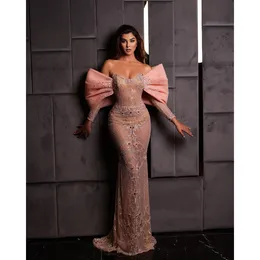 NEW Shiny Sequins Beads Prom Dresses Elegant Pink Mermaid Evening Dress Custom Made Long Sleeves Glitter Women Celebrity Party Gown GB1006