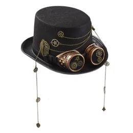 Breda brimhattar hink hattar vintage växelkedja skyddsglasögon topp hatt viktoriansk svart jazz hatt steampunk hatt party performance hatt för karneval tema parti 230317