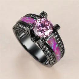 Anéis de casamento Hip Hop feminino rosa redondo anel de cristal charme 14kt Black Gold for Women Luxury Bride Opal grande engajamento