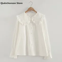 Women's Blouses Shirts Spring Autumn Long Sleeve White Shirt Women Japanese Lolita Blouse Kawaii Hollow Out Embroidery Frill Peter Pan Collared Shirts 230317