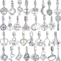 Loose Gemstones 925 Sterling Silver Friend Family Lock Key Flower Dangle Charm Fit Original Bracelet Bangle Women DIY Beads Jewelry