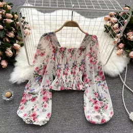 Bluzki damskie krótki top z długim rękawem bufiasta szyfonowa bluzka Peplum bluzki w kwiaty modna koreańska odzież lato Blusas Mujer De Moda 2023