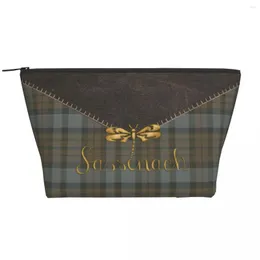Cosmetic Bags Leather And Tartan Sassenach Dragonfly Pattern Travel Bag For Women Makeup Toiletry Organizer Beauty Storage Dopp Kit