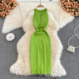 Casual Dresses Stick Cut Out Dress Jurk Dames Beach för kvinnor 2023 Kvinnlig virkning hault ärmlös koreansk mujer droppe