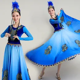 Ulusal Sahne Giyim Mavi Dans Kostümü Geleneksel Sincan Elbise Vintage Desen Performans Giysileri Kadınlar İçin