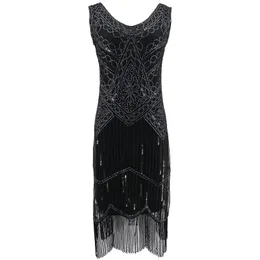 Casual Dresses Women Party Dress Robe Charleston 1920 -talet Great Gatsby Flapper Sequin Fringe Midi Vestido Summer Retro Black Dress Casual