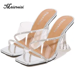 Slippers High Heels 9cm Large Size Women Slippers square head candy color horizontal Transparent Sexy Crystal Slippers Wine Glass Design Z0317