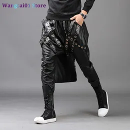 wangcai01男子パンツメンズファッションブラックジョガータイトユースハーレムパンツメンスリム韓国モーターサイクルパンツPU秋の冬リベットズボン0318H23