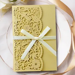 Greeting Cards 10pcs Vine Flower Laser Cut Wedding Invitations Card Bridal Favor With RSVP Lace Pocket Bows Customize Invites Card Party Decor 230317