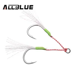 Fishing Hooks ALLBLUE 4pairs/lot Metal Jig Luminous Assist Hook With PE Line Feather Solid Ring Jigging Spoon Fishhook for 5-80g Fishing Lure P230317