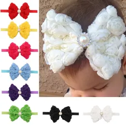 Baby Girls Chiffon Rose Flower Bands com Pearl Rhinestone Bandas de cabelo de arcos elásticos infantis para crianças recém -nascidas