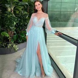 Ice Blue A Line Evening Dresses Side Split Bohemian Prom Gown 2023 See Through Long Sleeve With Lace Appliques Gala Vestidos