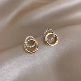 Prosty stadnina podwójne okrąg złoty kolor metalowy kryształowe kolczyki dla kobiet mody małe pendientes biżuteria najlepsza przyjaciółka prezenty