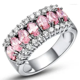 Fedi nuziali Hainon Fashion Pink Jewelry Zircon Silver Color Ring Regalo di fidanzamento di lusso per le donne