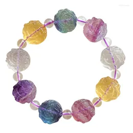 Strand Wholesale Color Fluorite Natural Stone Bracelets Carved Peony Flower Beads Bracelet For Women Fresh Crystal Fashio Jewelry