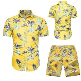 مجموعات ملابس الركض للرجال الصيفي أزياء أزياء هاواي تي شيرت قصيرة الأكمام