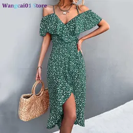 Casual Dresses WAYOFLOVE Ladies Spring Summer Sexy Straps Dress Women Green Off Shoulder Ruffs Casual Beach Dresses Fa Floral Print Dress 0318H23