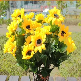 Dekoratif Çiçekler Sonbahar Dekorasyonu 9 Çatal/Çöp Sarı Ayçiçeği İpek Yapay Çiçek Buket Ev Ofis Partisi Bahçe Dekoru