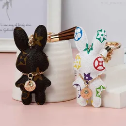 Rabbit Bunny Keychains Rings Women Cute Brown Flower Plaid PU Leather Car Keyrings Holder Fashion Design Bag Key Chains Jewelry Accessories