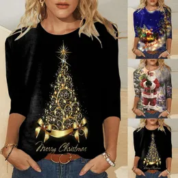Damen-T-Shirts für Damen, täglicher Weihnachtsdruck, O-Ausschnitt, Oberteile, dreiviertelärmeliges, rundes T-Shirt, bedruckte Blume, kleine Damen