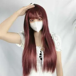 日本と韓国の色のウィッグ女性ワイン赤い長いストレートヘアバング染色