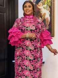 Ubranie etniczne Afrykańskie wieczorne sukienki Maxi na kobiety obiad elegancki kwiatowy haft koronkowy seksowna bazin długa szata impreza na wpół rozszerzona