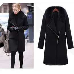 Kvinnors ull blandar mode vinter höst kvinnor parka lång svart kappa med päls krage 3xl dike jacka abrigos mujer elegantes cape
