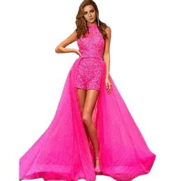 Shiny Hot Pink Jumpsuit Homecoming Dresses Halter Short Outfit Prom Gown With Detachable Train Sequin Mini Pants Pageant Dress 2023 326 326