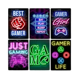 Spelrumstillbehör Neon Sign Metal målning Väggkonstdekoration Poster Gamer Life Internet Cafe Club Plaque Home Decor Plate 30x20cm W03