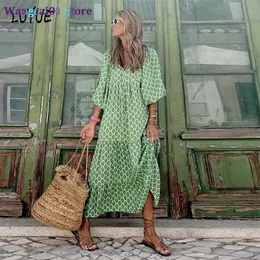 Повседневные платья Большой размер FA vestidos Summer Fashion V Seck Floral Print Puff Puff Press Egant Loak Beach Long Maxi платья для женщин 0318H23