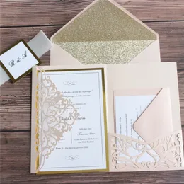 Greeting Cards Top grade wedding invitations luxury soft pink cards with glitter envelop gold belly personalized invites design 230317