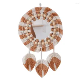 Figurine decorative Home Boho Specchio da parete Nordic Macrame Tessuto a forma di piuma Specchi arazzo con corda di cotone Cerchio appeso Regalo per