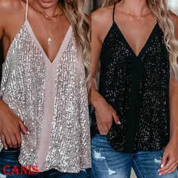 Serbatoi da donna Camis Vintage Sexy da donna con paillettes Gilet senza maniche Canotta allentata Casual con scollo a V Canotte Moda Pullover allentato Camicetta 230317