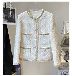 Spring Round Neck Tweed Panelled Jacket White Solid Color Long Sleeve Single-Breasted Buttons Jackets Coat Short Outwear 22G186107